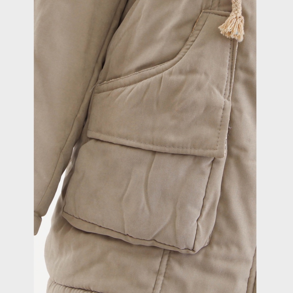 Hooded Faux Fur Drawstring Taupe Parka Jacket - Picture 6 of 11